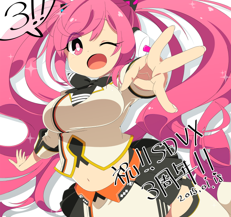 1girl ;o anniversary bangs bowtie breasts dated fingernails folded_sleeves garter_straps headphones large_breasts long_hair mzh navel one_eye_closed outstretched_hand pink_eyes pink_hair pleated_skirt rasis shadow skirt solo sound_voltex sparkle thigh-highs twintails very_long_hair winking