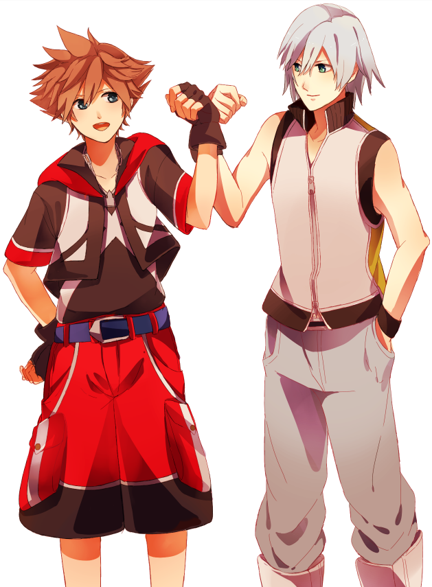 blue_eyes boots brown_hair fingerless_gloves gloves jewelry kingdom_hearts multiple_boys necklace riku sana423 short_hair silver_hair simple_background sora_(kingdom_hearts) spoilers wristband