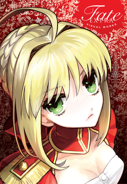 ahoge blonde_hair breasts cleavage cover cover_page dutch_angle epaulettes eyelashes fate/extra fate/stay_night fate_(series) green_eyes hair_bun hair_intakes official_art portrait saber_extra solo wada_aruko
