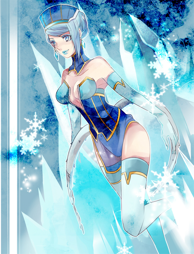 blue_eyes blue_hair blue_rose_(tiger_&amp;_bunny) boots breasts cleavage detached_collar earrings elbow_gloves gloves hoe_satsuki ice jewelry karina_lyle leotard lipstick makeup snowflakes thigh-highs thigh_boots thighhighs tiger_&amp;_bunny