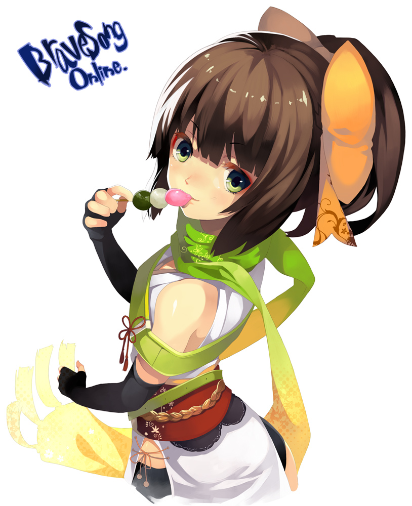 bare_shoulders bow brave_song_online brown_hair dango elbow_gloves eyeshadow fingerless_gloves food foreshortening from_above gloves green_eyes hair_bow kiki_dora looking_at_viewer looking_back makeup obi ponytail riku_(wana) scarf solo wagashi