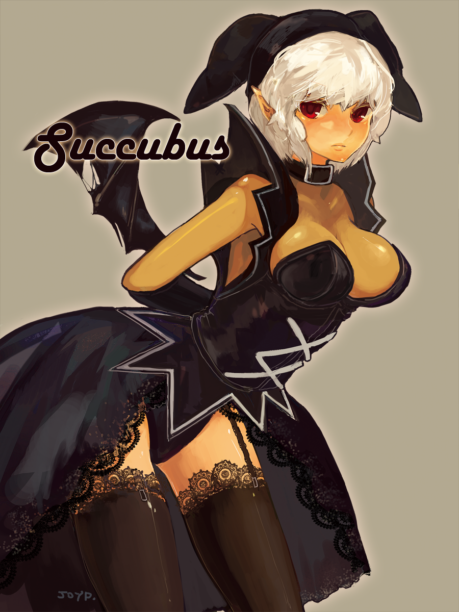 bad_id bat_wings black_legwear blush breasts cleavage collar dark_skin demon_girl dress elbow_gloves garter_straps gloves hat highres joypyonn lace lace-trimmed_thighhighs leaning_forward looking_at_viewer mabinogi pointy_ears red_eyes short_hair simple_background solo succubus succubus_(mabinogi) thigh-highs thighhighs white_hair wings