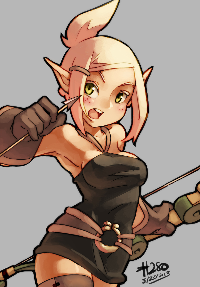 1girl arrow bare_shoulders belt black_dress blonde_hair blush_stickers boots bow_(weapon) breasts dated dress elf evangelyne freckles gloves green_eyes hair_ornament hairclip half_updo halterneck junkpuyo minidress open_mouth pointy_ears short_hair simple_background solo thigh-highs thigh_boots wakfu weapon