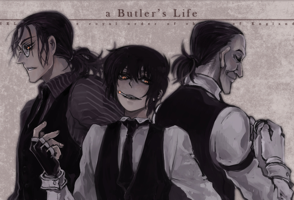 butler cigarette closed_eyes duthcjs eyes_closed fingerless_gloves glasses gloves hellsing hellsing:_the_dawn male mouth_hold multiple_persona necktie orange_eyes ponytail short_hair vest walter walter_c_dornez young