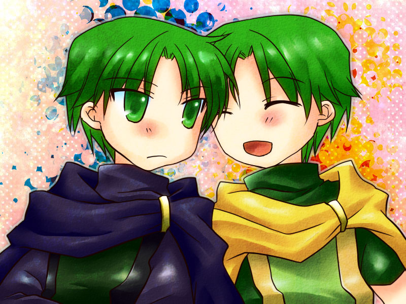 brothers cape closed_eyes fire_emblem fire_emblem:_fuuin_no_tsurugi green_eyes lugh open_mouth ray_(fire_emblem) siblings twins