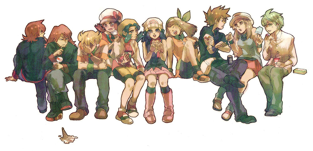 5boys 5girls bad_id bandana bandanna beanie bike_shorts blue_(pokemon) crystal_(pokemon) dual_persona eating food hat hikari_(pokemon) holding ice_cream jun_(pokemon) kotone_(pokemon) laughing leaf_(pokemon) mitsuru_(pokemon) multiple_boys multiple_girls ookido_green ookido_green_(frlg) pokemon pokemon_(game) pokemon_diamond_and_pearl pokemon_dppt pokemon_firered_and_leafgreen pokemon_frlg pokemon_gsc pokemon_heartgold_and_soulsilver pokemon_hgss pokemon_rgby poketch scarf silver_(pokemon) silver_(pokemon)_(classic) silver_(pokemon)_(remake) simple_background sitting skirt todot watch wristwatch