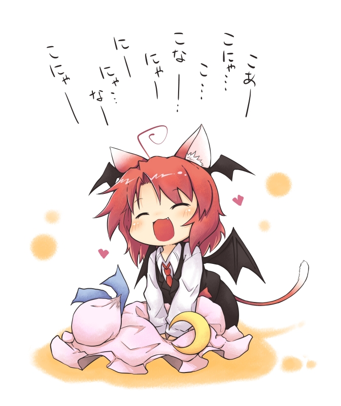 :3 ^_^ ahoge animal_ears bat_wings blush cat_ears cat_tail chibi closed_eyes crescent dress_shirt eyes_closed fang happy hat head_wings heart kemonomimi_mode koa_(phrase) koakuma long_hair long_sleeves minigirl necktie open_mouth red_hair redhead shirt skirt solo tail the_embodiment_of_scarlet_devil touhou translated translation_request vest viva!! wings