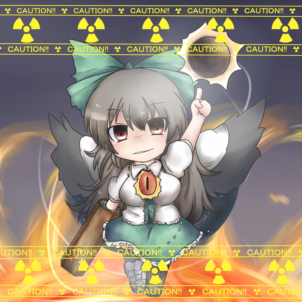 arm_cannon black_wings bow brown_hair cape caution chibi concrete dekasudachin energy_ball fire flame hair_bow long_hair mismatched_footwear nuclear pointing pointing_up radiation_symbol red_eyes reiuji_utsuho shirt skirt smirk solo third_eye touhou walking weapon wings