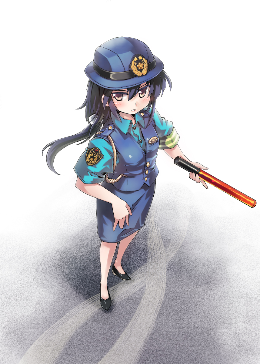 baton black_hair chiba_(city) copyright_request from_above hair_ribbon hat highres kanbe_ami long_hair matsudo_(chiba) nanaroku_(fortress76) official_art orange_eyes police police_hat police_uniform policewoman ponytail public_service_announcement ribbon shoes skirt solo standing tight_shirt traffic_baton traffic_officer type6 uniform vest yellow_eyes