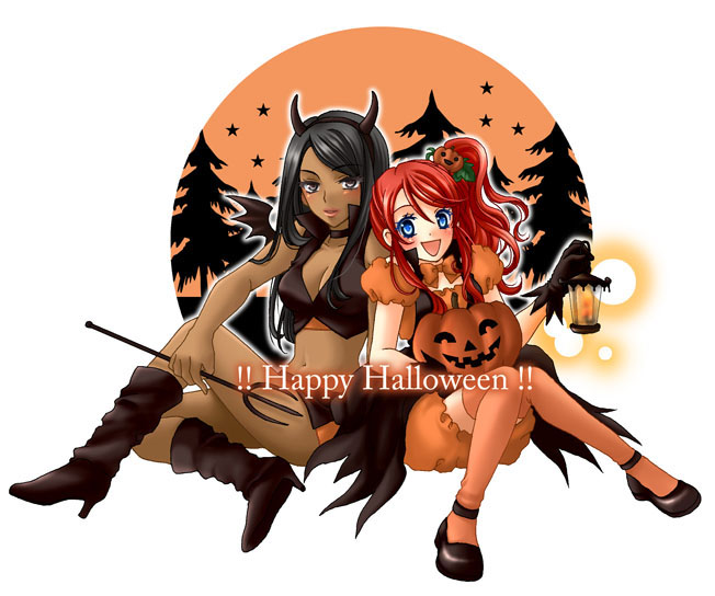 2girls bat_wings black_hair blue_eyes blush boots breasts cleavage dark_skin gemini_sunrise grey_eyes halloween happy_halloween horns jack-o'-lantern lantern lips lipstick long_hair makeup megu_(pixiv) midriff multiple_girls open_mouth orange_legwear pitchfork pumpkin red_hair redhead sagitta_weinberg sakura_taisen sakura_taisen_v side_ponytail smile thigh-highs thighhighs wings