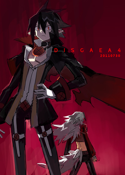 back-to-back black_hair cape disgaea fenrich gloves long_hair makai_senki_disgaea_4 male multiple_boys nippon_ichi open_clothes open_jacket pointy_ears red_background red_eyes short_hair starshadowmagician tail title_drop valbatose valvatorez_(disgaea) white_gloves white_hair wolf_tail