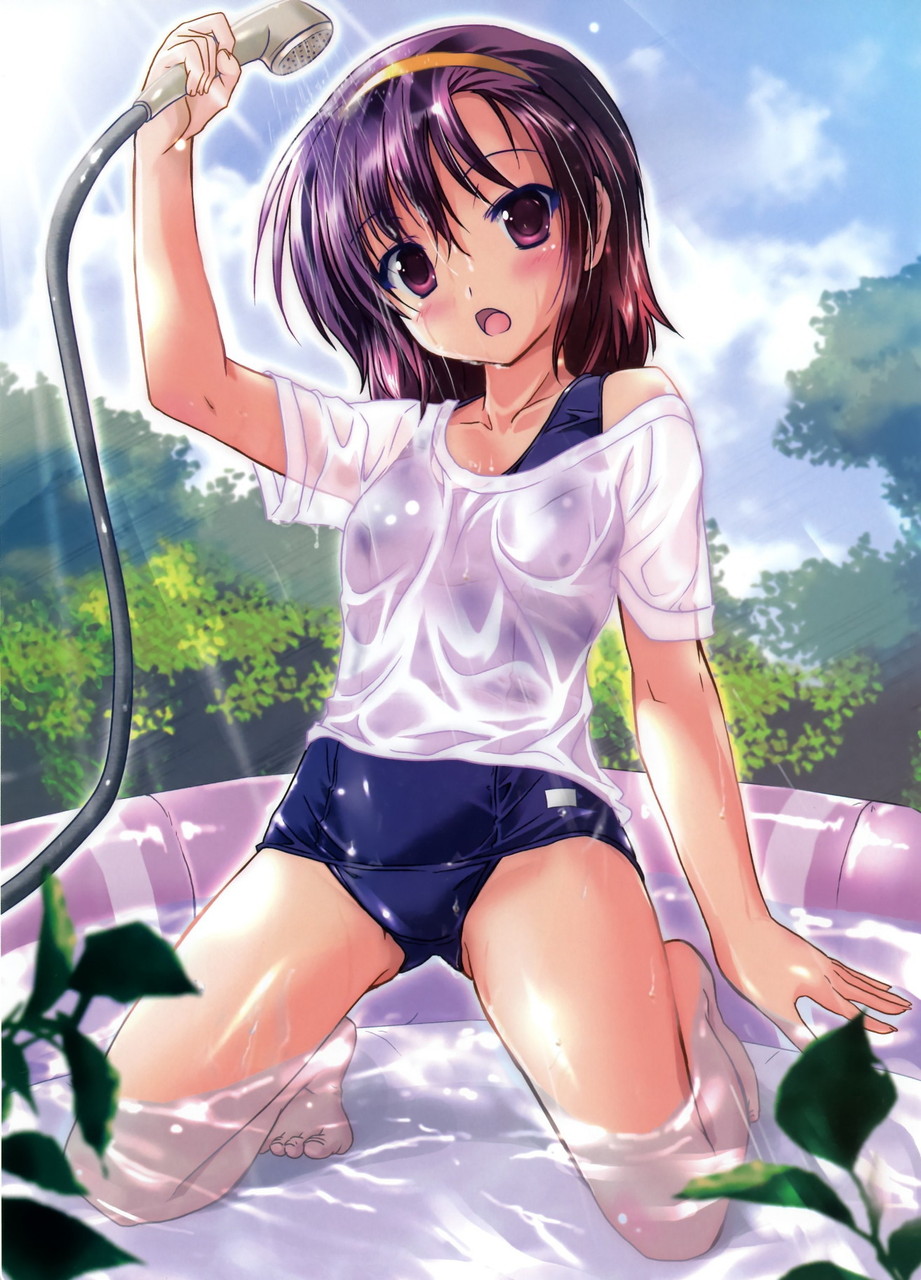 1girl :o arm_up bangs barefoot blurry blush cloud copyright_request depth_of_field feet fingernails flat_chest gradient_hair hair_between_eyes hairband head_tilt highres hose kneeling komatsu_eiji leaf long_fingernails looking_at_viewer multicolored_hair nature no_pants off_shoulder one-piece_swimsuit open_mouth outdoors purple_eyes purple_hair scan school_swimsuit see-through shadow shiny shiny_clothes shiny_hair shirt short_hair shower_head sky solo spread_legs submerged sunbeam sunlight surprised swimsuit swimsuit_under_clothes t-shirt thighs wading_pool water wet wet_clothes wet_hair wet_shirt