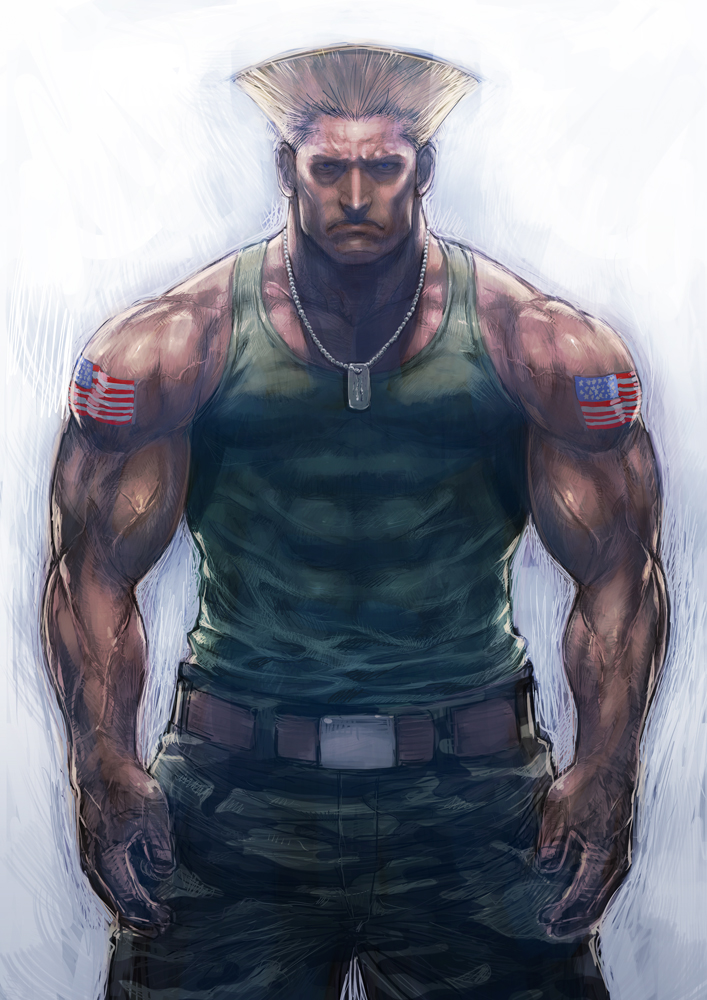 america american_flag baggy_pants belt blonde_hair boyaking camouflage capcom dog_tags guile male muscle pants realistic solo street_fighter tank_top tattoo