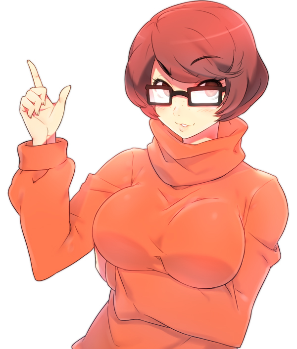 :3 bangs blush breast_hold breast_lift breasts brown_eyes brown_hair bust dummy04 face fingernails freckles get glasses grin hands large_breasts lips long_fingernails long_sleeves naso4 pointing pointing_up red_eyes red_hair scooby-doo shirt simple_background smile solo sweater swept_bangs taut_shirt turtleneck velma_dace_dinkley white_background