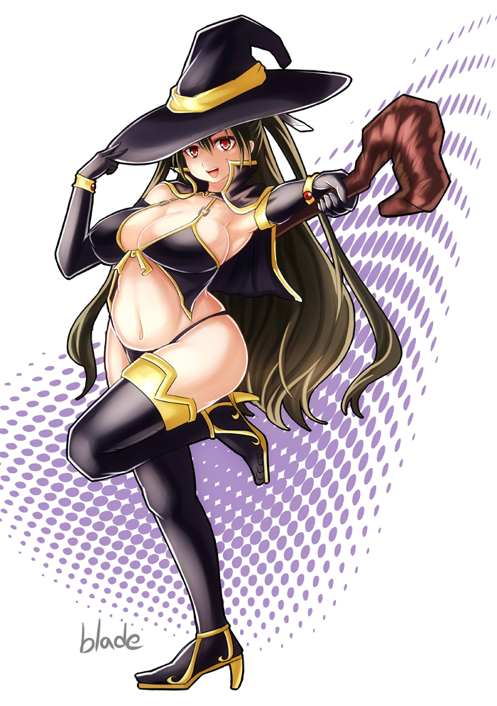 bad_anatomy black_gloves black_hair black_legwear boots breasts cosplay crossover dragon's_crown elbow_gloves gloves hat large_breasts long_hair mayo_chiki! navel open_mouth qblade red_eyes solo sorceress_(dragon's_crown) staff standing_on_one_leg suzutsuki_kanade thigh-highs thigh_boots thighhighs witch witch_hat