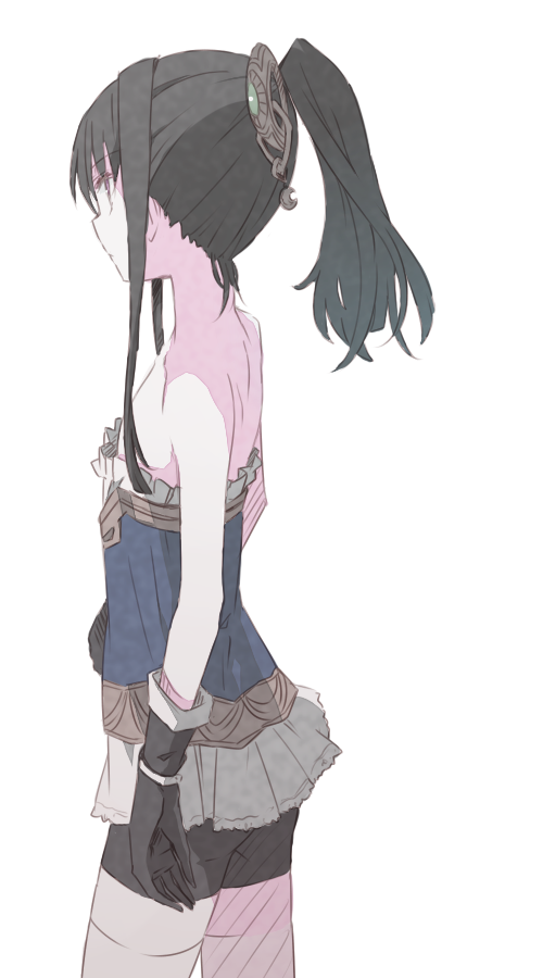 atelier_(series) atelier_meruru atelier_totori back bangs bare_shoulders bike_shorts black_gloves black_hair brown_hair censor_hair censored convenient_censoring flat_chest frills from_behind gloves hair_between_eyes hair_ornament hair_over_breasts lace long_hair maromi_(am97) mimi_houllier_von_schwarzlang miniskirt no_bra payot pleated_skirt ponytail profile shirt_pull shorts simple_background skirt solo standing thigh-highs thighhighs tubetop white_background white_legwear zettai_ryouiki