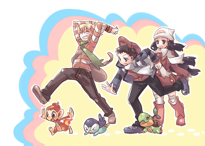 &gt;_&lt; 1girl 2boys alternate_costume bag beanie black_hair blonde_hair chimchar closed_eyes eyes_closed fiery_tail hair_ornament hairclip hat hikari_(pokemon) hikari_(pokemon)_(remake) hizuki_(hidu_aki) jun_(pokemon) jun_(pokemon)_(remake) kouki_(pokemon) kouki_(pokemon)_(remake) multiple_boys piplup pokemon pokemon_(creature) pokemon_(game) pokemon_diamond_and_pearl pokemon_dppt pokemon_platinum scarf turtwig white_legwear winter_clothes