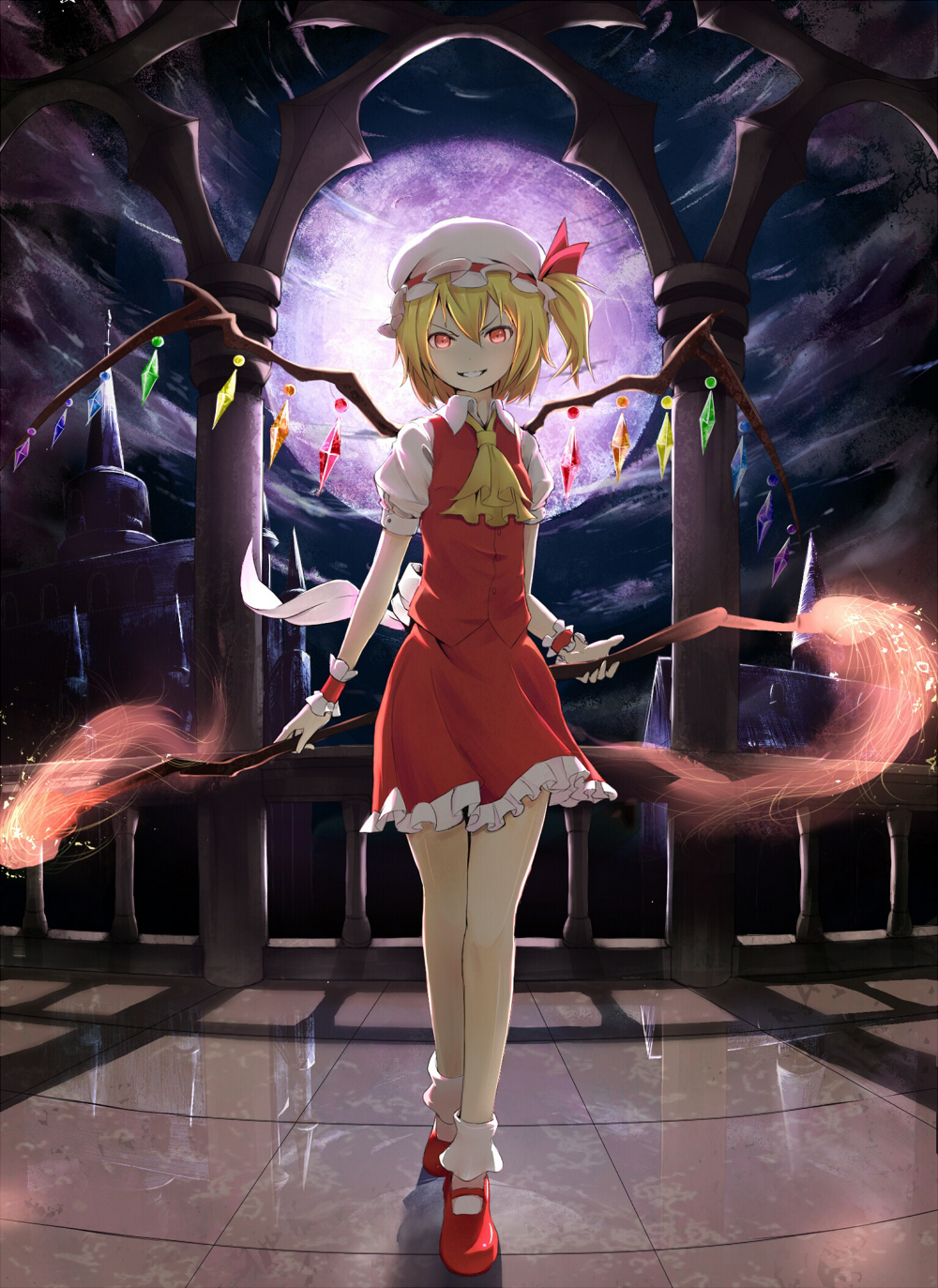 &gt;:) &gt;:d :d ascot bare_legs blonde_hair bobby_socks fire flame flandre_scarlet full_moon grin highres laevatein looking_at_viewer magic mary_janes moon night night_sky open_mouth purple_moon red_eyes reflection shoes shouin side_ponytail skirt sky smile socks solo the_embodiment_of_scarlet_devil touhou vest wrist_cuffs