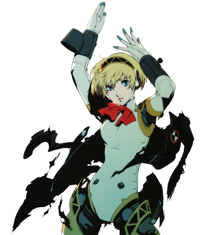 aegis android blonde_hair blue_eyes bow jacket persona persona_3 ribbon robot_joints short_hair soejima_shigenori solo torn_clothes