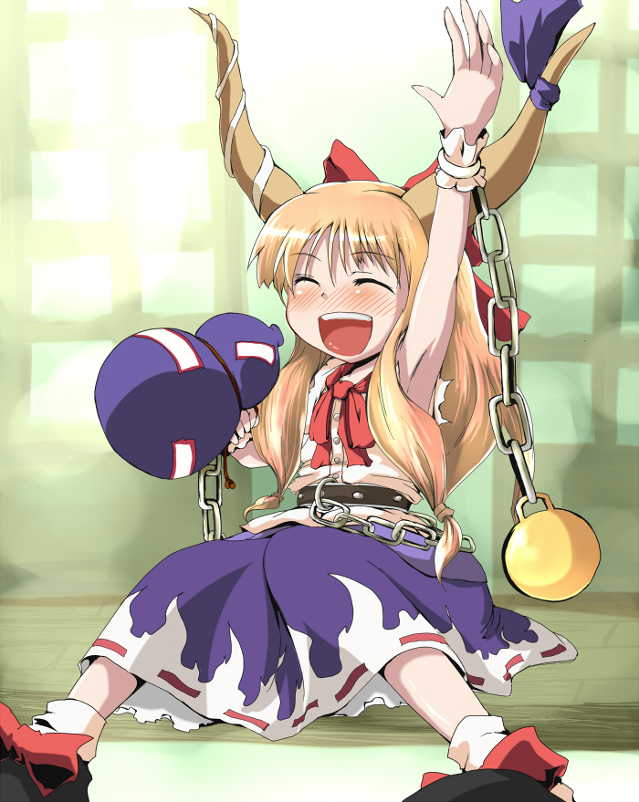 arm_up armpits belt blush bow brown_eyes chain chains drunk gourd hair_bow haji_(hajiko) horns ibuki_suika long_hair open_mouth sitting smile solo touhou very_long_hair waving