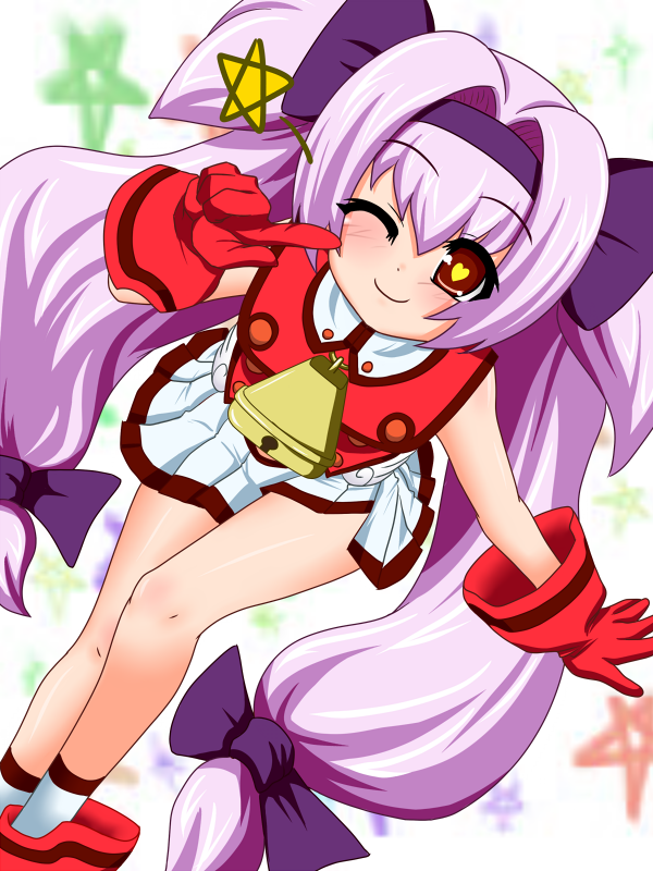 alternate_color bell blazblue brown_eyes cow_bell footwear from_above gloves hair_intakes hair_ribbon hairband heart heart-shaped_pupils long_hair low-tied_long_hair platinum_the_trinity player_2 pointing purple_hair quad_tails ribbon sitting skirt smile socks solo symbol-shaped_pupils twintails two_side_up wink yaeba