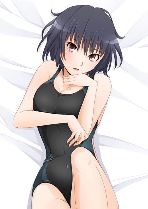 1girl amagami bare_shoulders bed_sheet black_hair blush breasts competition_swimsuit kishida-shiki looking_at_viewer lying nanasaki_ai on_back one-piece_swimsuit open_mouth pink_eyes short_hair solo swimsuit