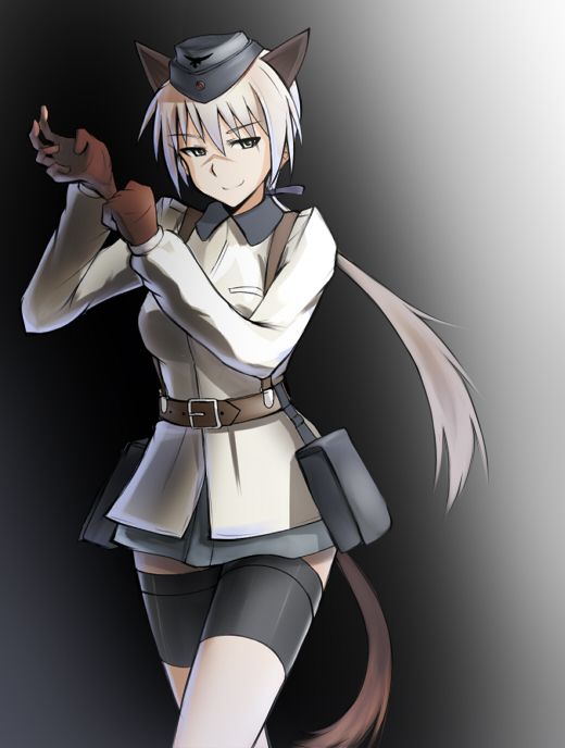 animal_ears bad_id belt blonde_hair garrison_cap gloves hanna_rudel hat long_hair military military_uniform ponytail scar seen smile solo strike_witches tail thigh-highs thighhighs ulrich_(tagaragakuin) uniform yellow_eyes