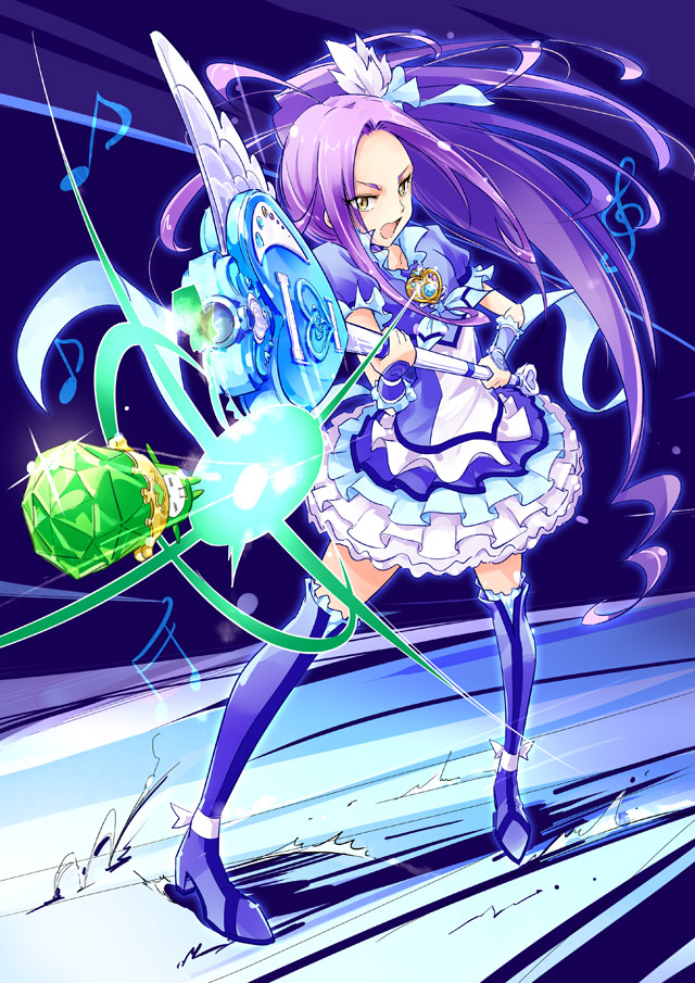 :o blue_background blue_legwear boots cure_beat dress fairy_tone feathers frills gathers hair_ornament hair_ribbon hairpin kurokawa_ellen long_hair love_guitar_rod magical_girl mousoup musical_note open_mouth ponytail precure purple_hair ribbon ruffles siren_(suite_precure) solo suite_precure thigh-highs thigh_boots thighhighs wand wrist_cuffs yellow_eyes