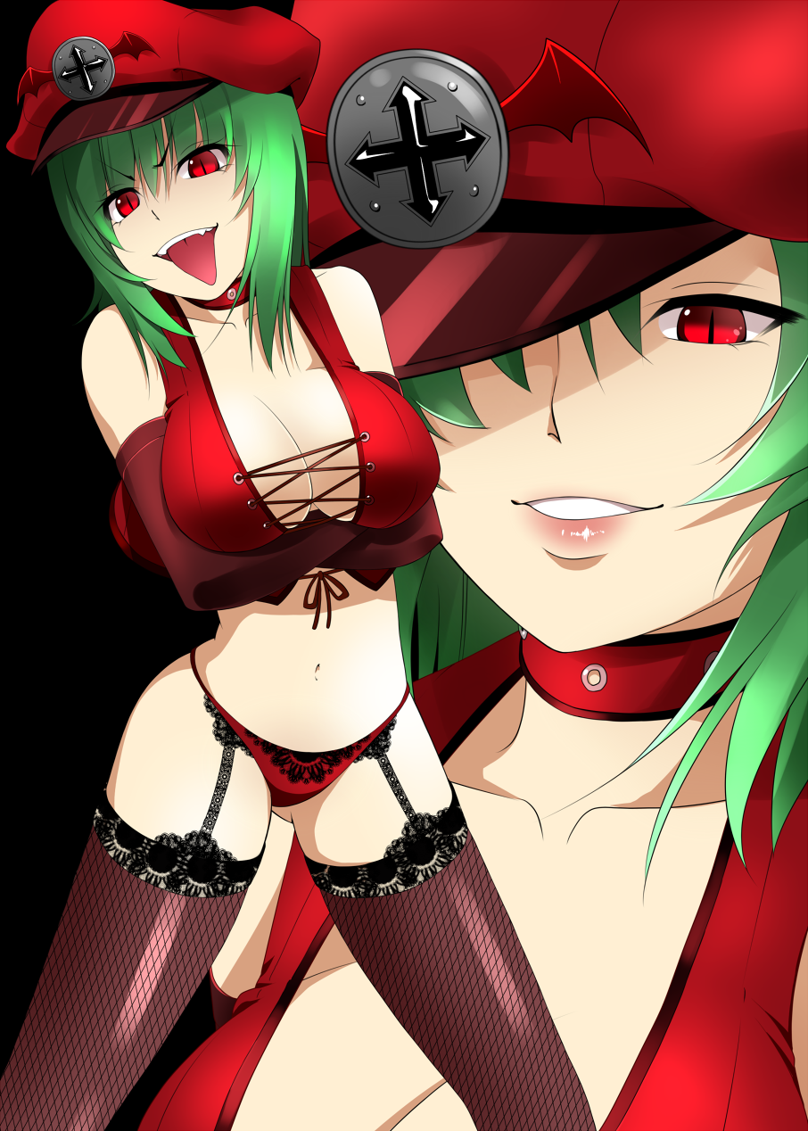 bat_wings breast_hold breasts choker cleavage cross crossed_arms elbow_gloves face fangs fishnet_legwear fishnet_stockings fishnets garter_belt garter_straps gloves green_hair hat hat_over_one_eye highres kazami_yuuka lace lace-trimmed_panties lace-trimmed_thighhighs large_breasts legs legwear lips mattari_yufi navel panties peaked_cap red_eyes red_panties short_hair slit_pupils solo thigh-highs thighhighs thighs tongue tongue_out touhou underwear wings youkai zoom_layer