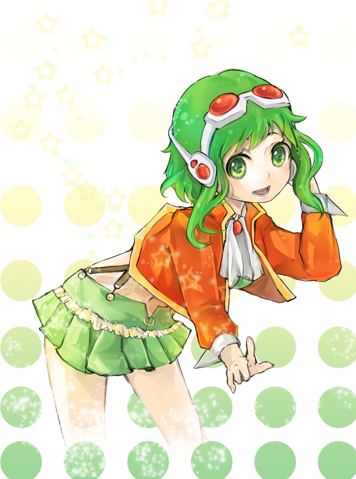 goggles goggles_on_head green_eyes green_hair gumi highres jacket megpoid_(vocaloid3) midriff naive_(artist) naive_(day) navel short_hair skirt smile solo suspenders vocaloid