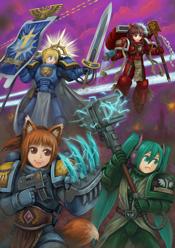 :d animal_ears black_hair blonde_hair blood_angels bolter bow brown_eyes brown_hair claws crossover dark_angels fangs fate/stay_night fate_(series) green_eyes green_hair hakurei_reimu hammer hatsune_miku headset heresy holo kensaint multiple_girls open_mouth ponytail power_armor red_eyes saber smile space_marines space_wolves spice_and_wolf sword tail touhou twintails ultramarines vocaloid warhammer_40k weapon wolf_ears wolf_tail