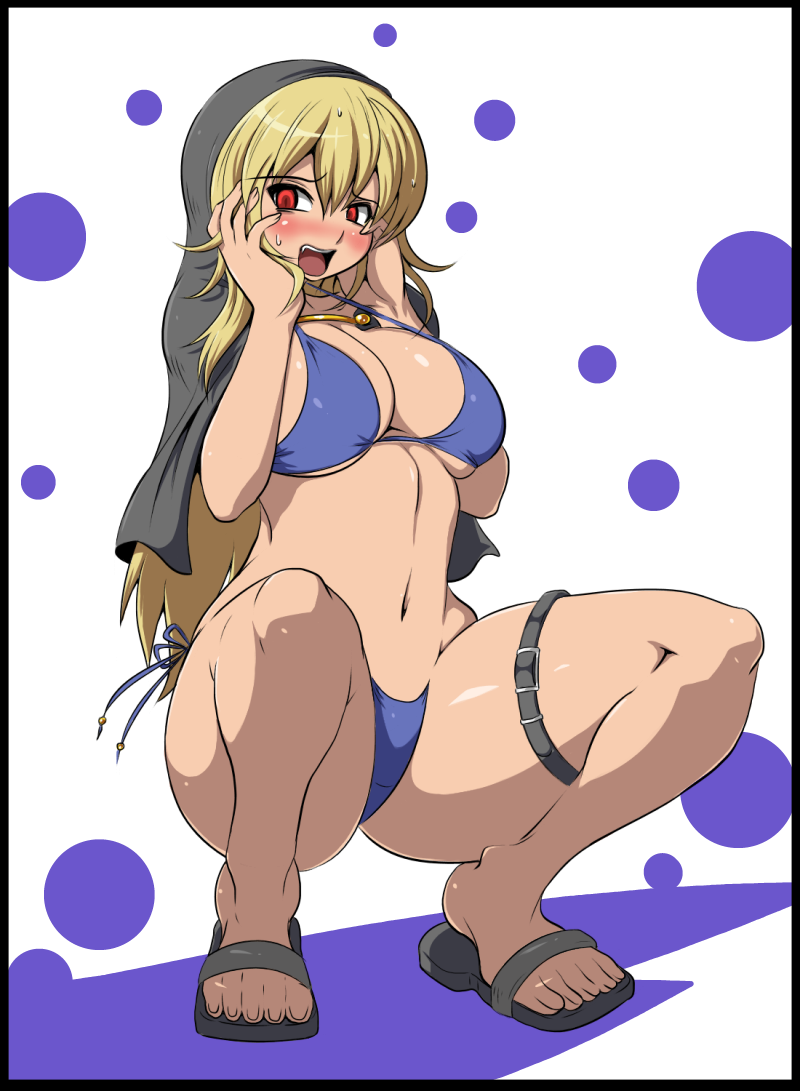 blush breasts cleavage curvy garters genderswap goenitz hands_on_another's_cheeks hands_on_another's_face hands_on_cheeks hands_on_own_cheeks hands_on_own_face hood hotori_(sion) kara_age king_of_fighters large_breasts legs m.u.g.e.n mugen_(game) open_mouth red_eyes snk spread_legs squatting swimsuit under_boob underboob