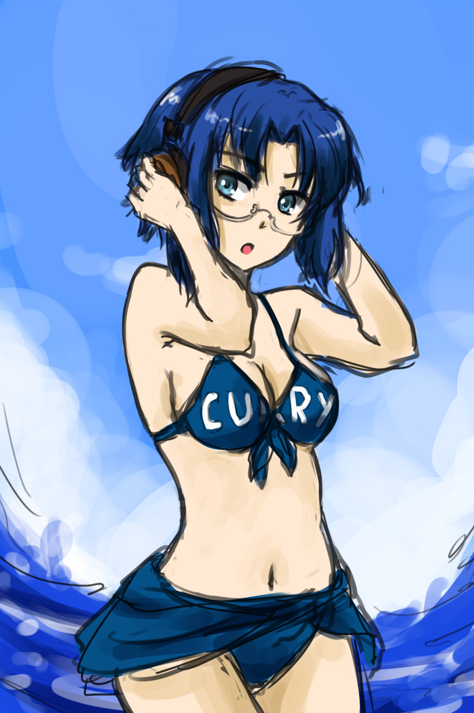 blue_hair breasts ciel cleavage clothes_writing clothing_writing drawfag face front-tie_top glasses grado_labs headphones highres navel pas_(paxiti) sarong seaside short_hair solo swimsuit tsukihime