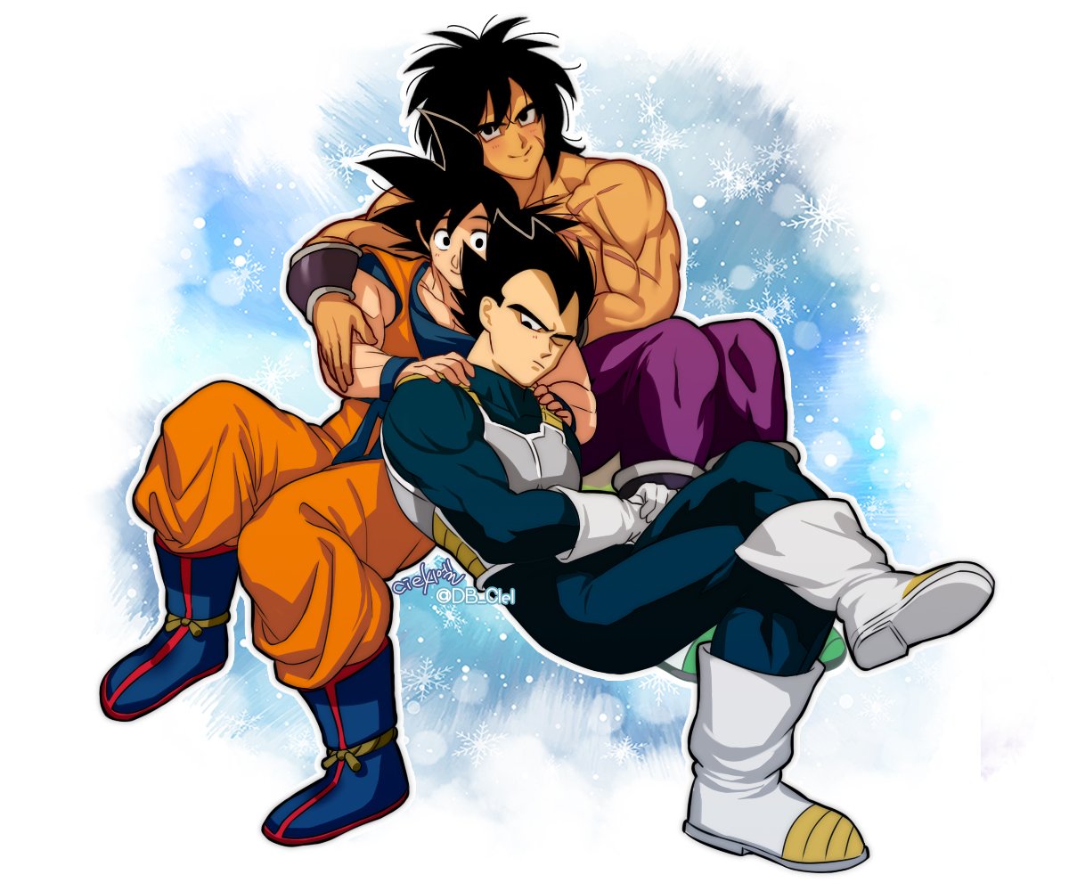 3boys black_eyes black_hair blush broly_(dragon_ball_super) crossed_legs dark_skin dark_skinned_male dragon_ball dragon_ball_super dragon_ball_super_broly hug leaning_on_person male_focus multiple_boys muscular muscular_male one_eye_closed pants pectorals saiyan_armor scar scar_on_chest shirtless short_hair skin_tight son_goku spiky_hair tarutobi tight tight_pants vegeta