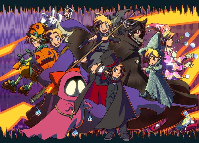 bat_wings belt black_hair blonde_hair blue_eyes boots bow bowtie bubble bunny cape child cloak clown costume dark_link dark_persona earrings ghost gloves glowing glowing_eyes halloween hat holding holding_hat hood horns jack-o'-lantern jack-o'-lantern jester_cap jewelry juggling key leaf link male masoho_s multiple_boys multiple_persona nintendo ocarina_of_time open_mouth oracle_of_seasons oracle_of_time pitchfork poe pointy_ears pointy_shoes pumpkin rabbit red_eyes rosa_(legend_of_zelda) rosa_(zelda) short_hair skull smile striped striped_legwear subrosian the_legend_of_zelda thigh-highs thighhighs toon_link top_hat vampire_costume vest wand wind_waker wings witch_hat wizard wizard_hat wolf_ears young_link