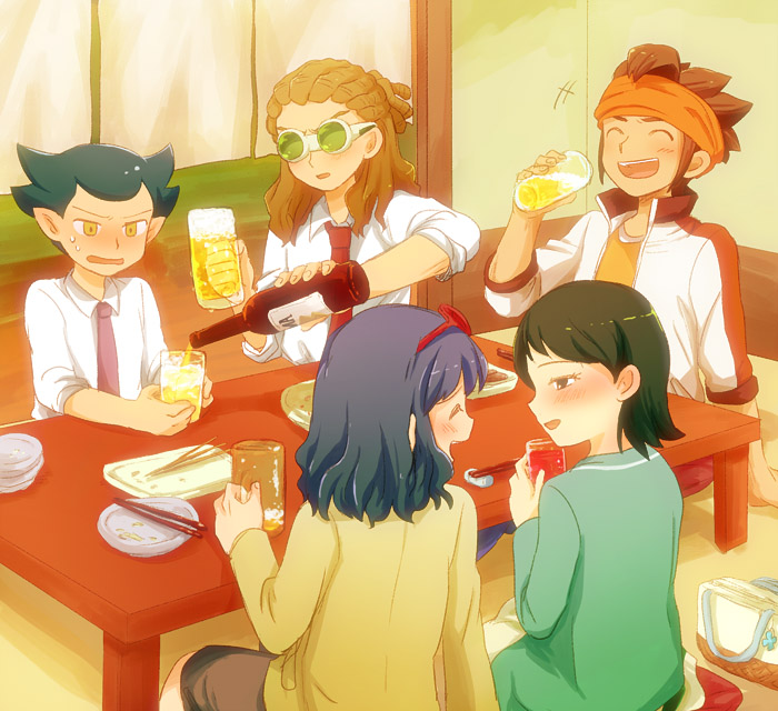 3boys adult bad_id blue_hair blush brown_hair chopsticks closed_eyes drinking drunk endou_mamoru eyes_closed food glasses green_hair hairlocs headband inazuma_eleven inazuma_eleven_(series) inazuma_eleven_go kidou_yuuto kino_aki kogure_yuuya multiple_boys multiple_girls necktie open_mouth otonashi_haruna purin_(pinkcotton) short_hair sitting smile