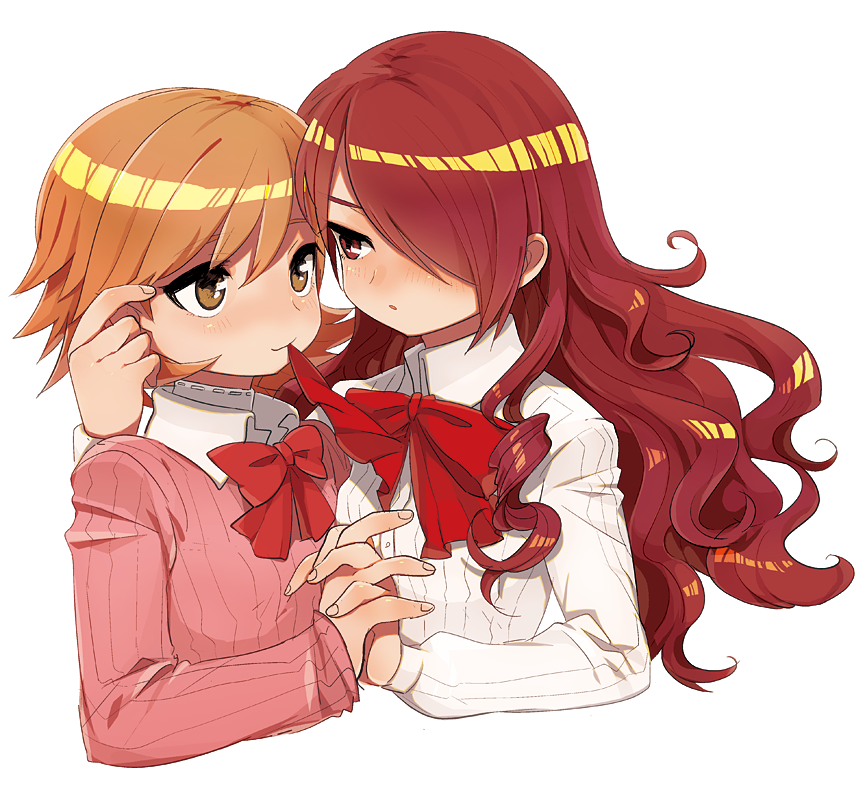 bad_id blush bow brown_eyes brown_hair bust dadami hand_holding hands_clasped holding_hands interlocked_fingers kirijou_mitsuru long_hair mouth_hold multiple_girls persona persona_3 red_eyes red_hair redhead school_uniform short_hair simple_background sweater takeba_yukari yuri