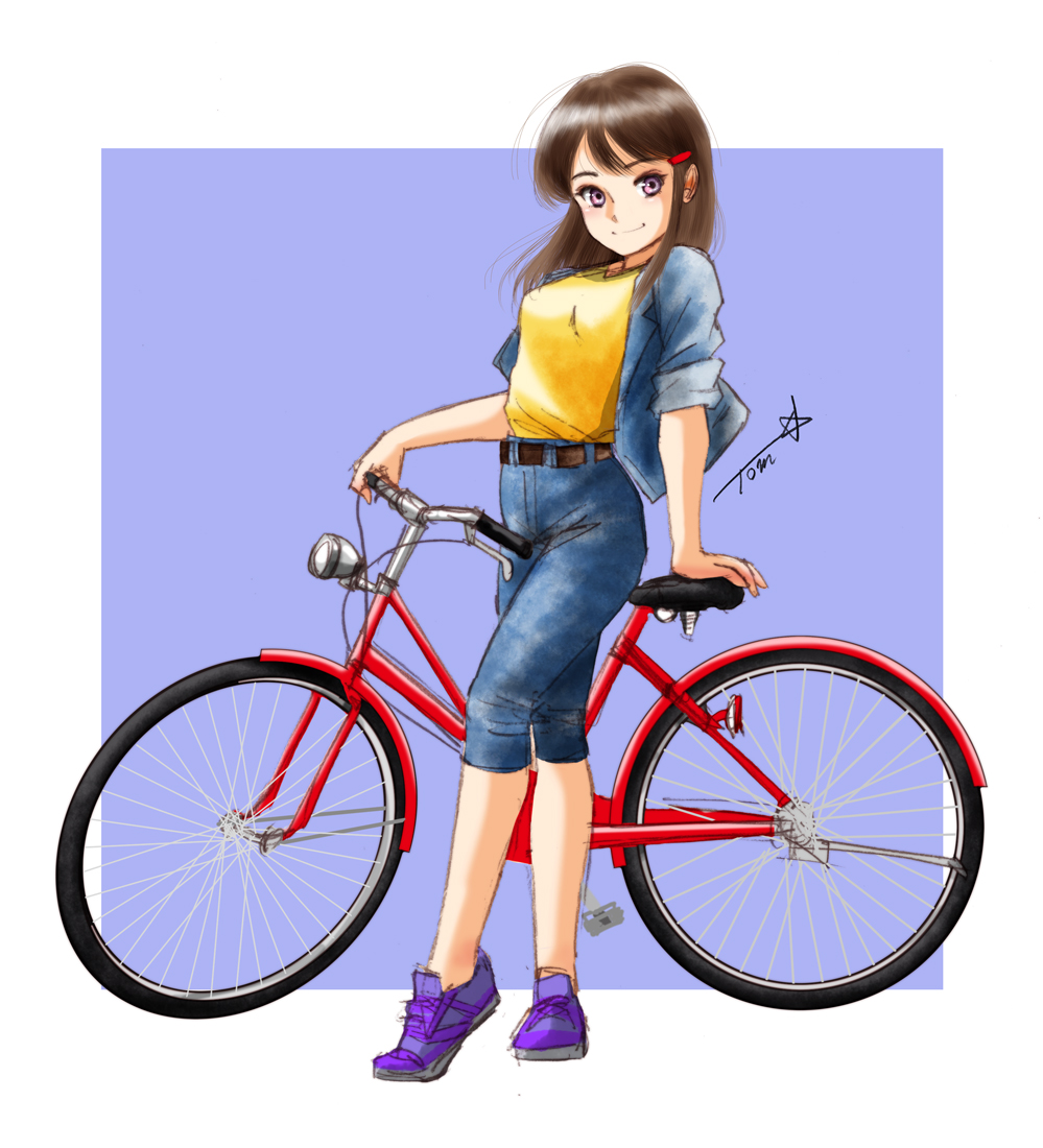 1girl belt bicycle brown_hair chutohampa denim full_body ground_vehicle jeans long_hair looking_at_viewer original pants purple_background purple_footwear shirt shirt_tucked_in shoes signature smile solo standing yellow_shirt