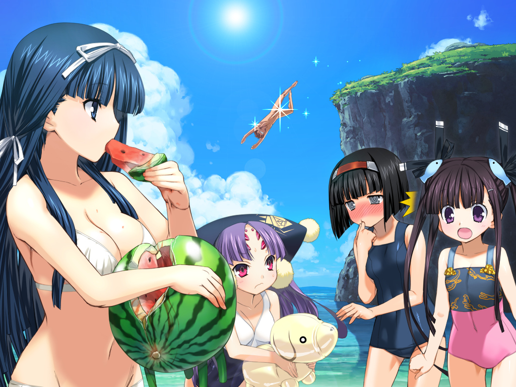 @_@ beach bikini blush breasts censored cleavage cliff cloud convenient_censoring eating finger_in_mouth food fruit game_cg hair_ornament holding holding_fruit inflatable_toy jumping kou_hime monster_girl monstergirl navel noir_(rance) noir_(sengoku_rance) nude ocean oda_kou one-piece_swimsuit orion_(orionproject) rance rance_(series) rance_quest school_swimsuit sengoku_rance sparkle stuffed_animal stuffed_toy swimsuit uesugi_kenshin uesugi_kenshin_(rance) watermelon yuzuhara_yuzumi