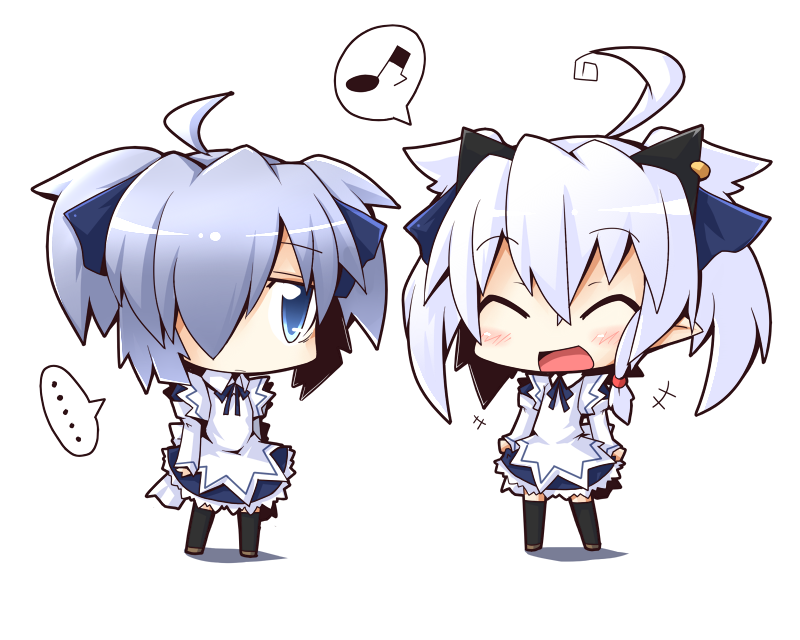 ... 2girls ahoge blue_eyes blue_hair blush chibi closed_eyes koron_(asuka_tsubasa) maid multiple_girls musical_note original pointy_ears reku shiroko_(reku) simple_background smile spoken_musical_note white_background