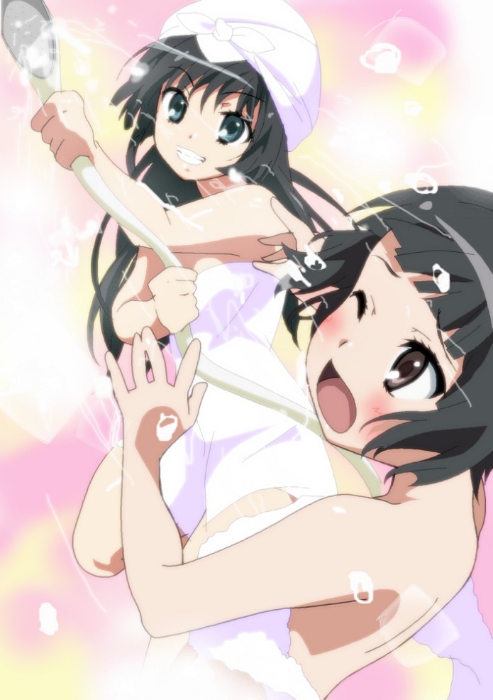 bad_id bath black_hair blue_eyes blush brown_eyes bubble grey_eyes grin hose long_hair momoiro_tanuki multiple_girls naked_towel saten_ruiko short_hair shower shower_head smile to_aru_kagaku_no_railgun to_aru_majutsu_no_index towel towel_on_head uiharu_kazari wet