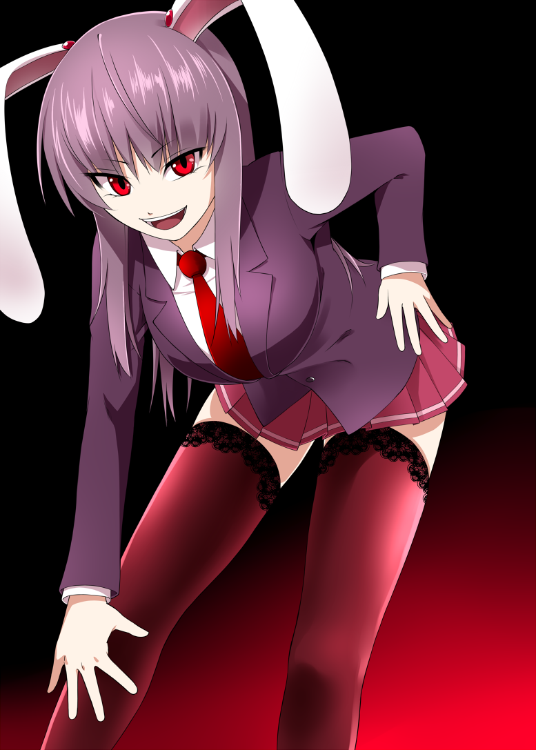 animal_ears breasts bunny_ears hand_on_hip hips lace lace-trimmed_thighhighs large_breasts leaning_forward legs mattari_yufi miniskirt naughty_face necktie purple_hair red_eyes reisen_udongein_inaba skirt thigh-highs thighhighs touhou