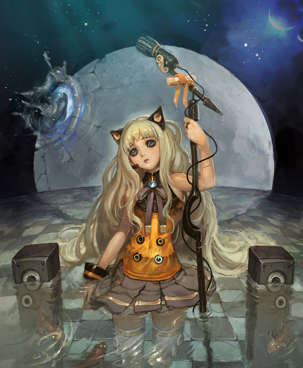 animal_ears bare_shoulders blonde_hair blue_eyes bow bracelet checkered checkered_floor fish head_tilt jewelry long_hair microphone microphone_stand seeu shaonav skirt solo speaker submerged thigh-highs thighhighs very_long_hair vocaloid wading water white_legwear zettai_ryouiki