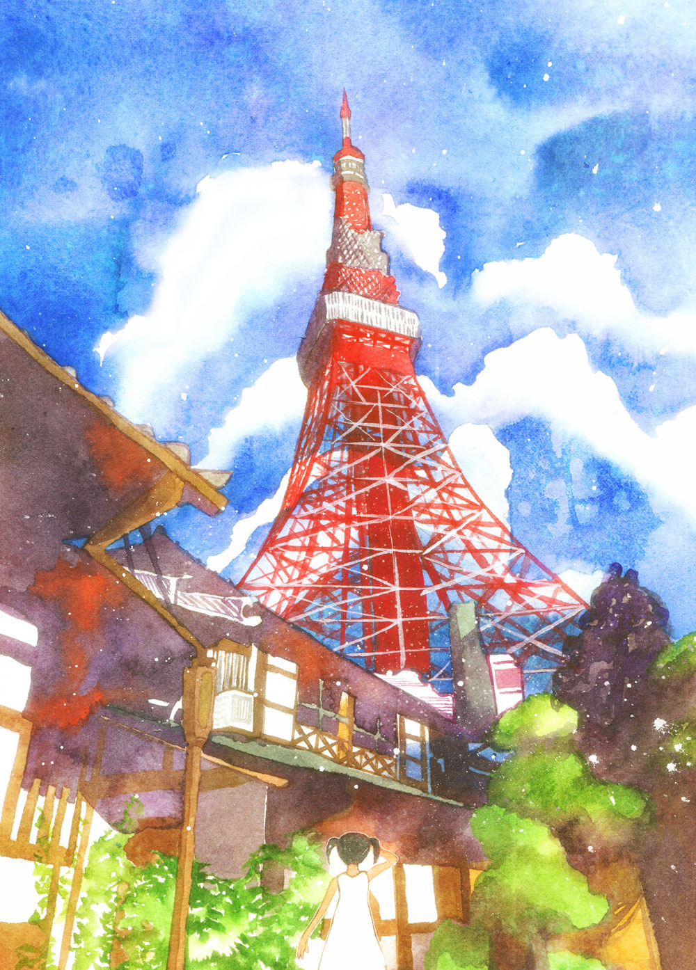 cloud dress from_behind highres muttiy original solo tokyo_tower traditional_media twintails watercolor_(medium)