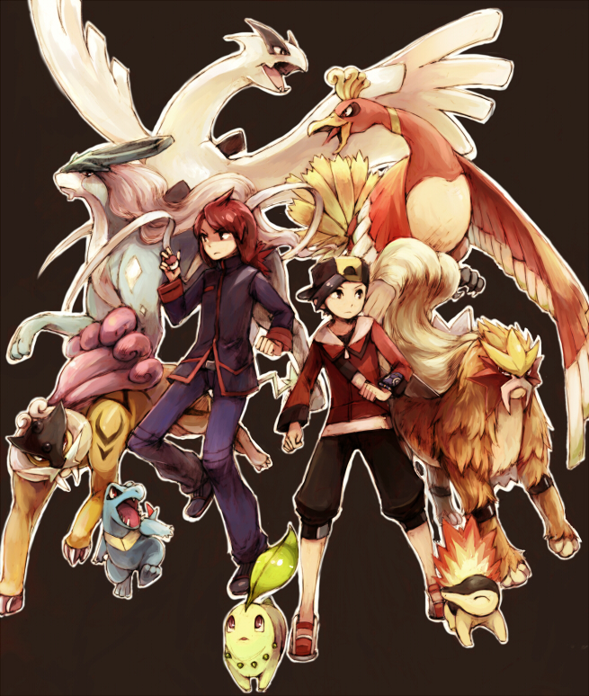 2boys alternate_costume backwards_hat bird chikorita cyndaquil entei gold_(pokemon) gold_(pokemon)_(remake) ho-oh holding holding_poke_ball leaf lugia multiple_boys nemu_(isaya) poke_ball pokemon pokemon_(creature) pokemon_(game) pokemon_gsc pokemon_heartgold_and_soulsilver pokemon_hgss raikou red_hair shorts silver_(pokemon) silver_(pokemon)_(remake) simple_background suicune totodile wings