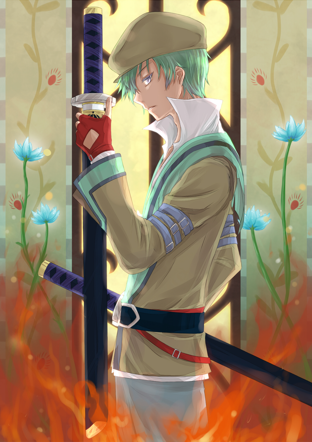 belt beret coat fingerless_gloves flower gloves green_hair grey_eyes hat highres male profile solo spada_belforma sword tales_of_(series) tales_of_innocence weapon yanato_(pixiv1384488)