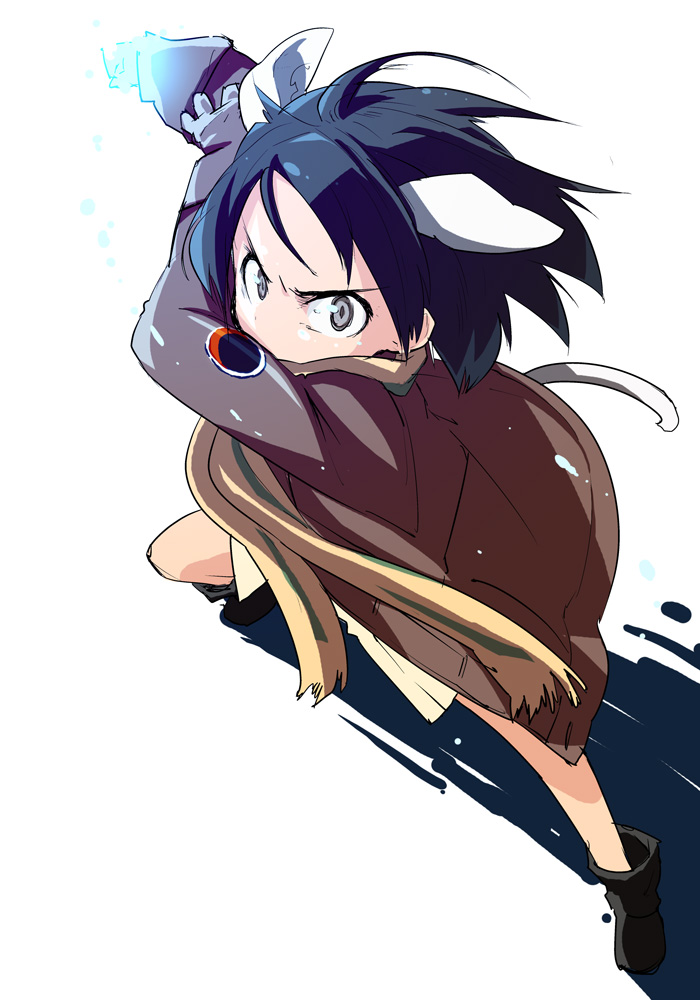 animal_ears arm_up black_hair blue_eyes boots gloves incoming_punch kanno_naoe motsu_(artist) mozu_(peth) powering_up scarf short_hair strike_witches striped striped_scarf