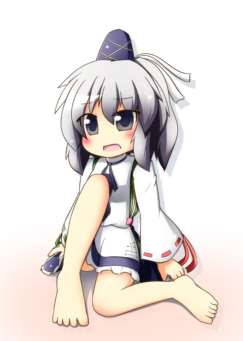 bare_legs barefoot blush grey_eyes grey_hair hat japanese_clothes legs mononobe_no_futo open_mouth ponytail senba_chidori solo tate_eboshi touhou