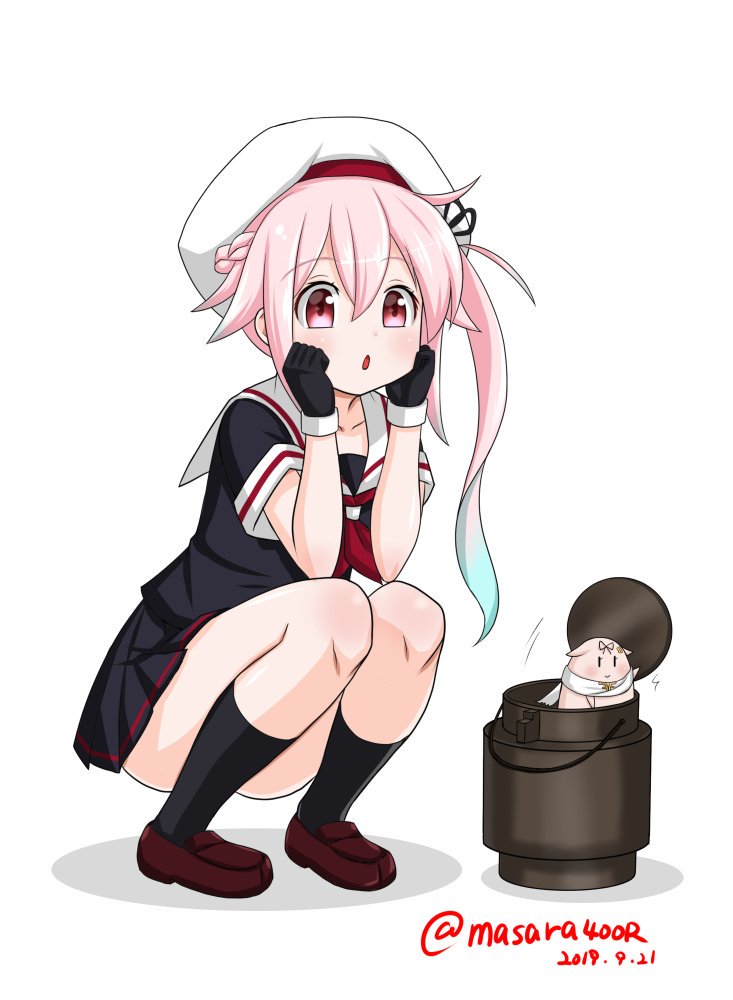1girl 1other beret black_gloves black_legwear black_serafuku black_skirt blue_hair braid brown_footwear canister chestnut_mouth dated flower gloves gradient_hair hair_flaps hair_flower hair_ornament harusame_(kantai_collection) hat kantai_collection kneehighs loafers masara_(masalucky2010) multicolored_hair neckerchief pink_hair pleated_skirt red_eyes red_neckwear ribbon sailor_collar school_uniform serafuku shoes side_ponytail simple_background skirt squatting the_yuudachi-like_creature twitter_username white_background white_headwear white_sailor_collar