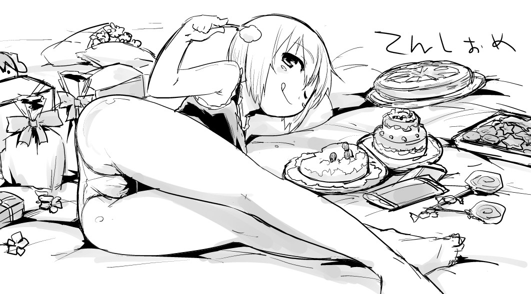 1girl :p ass bare_legs cake erica_hartmann food gift legs lying lying_on_side monochrome motsu_(artist) mozu_(peth) on_side panties plate short_hair sketch smile solo strike_witches tank_top thighs tongue underwear wink